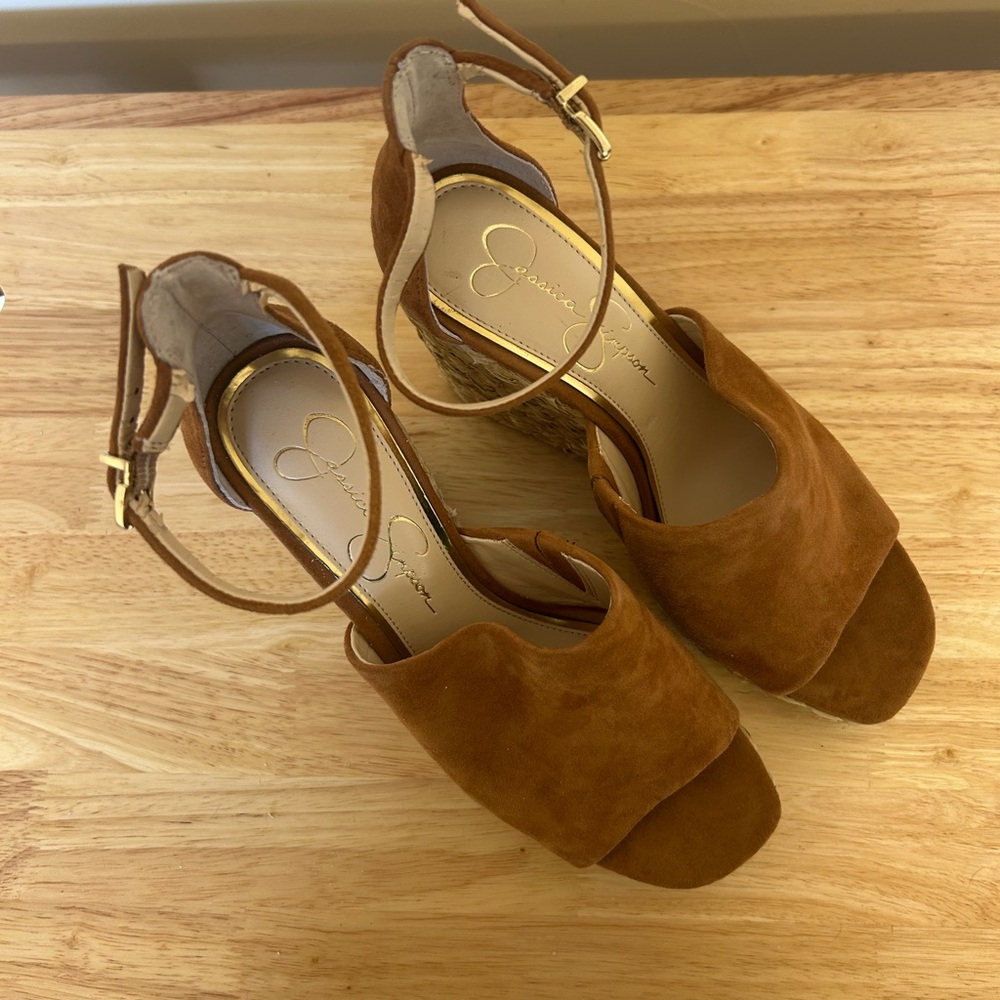 Jessica Simpson Tan Suede Wedge Sandals - Picture 2 of 7